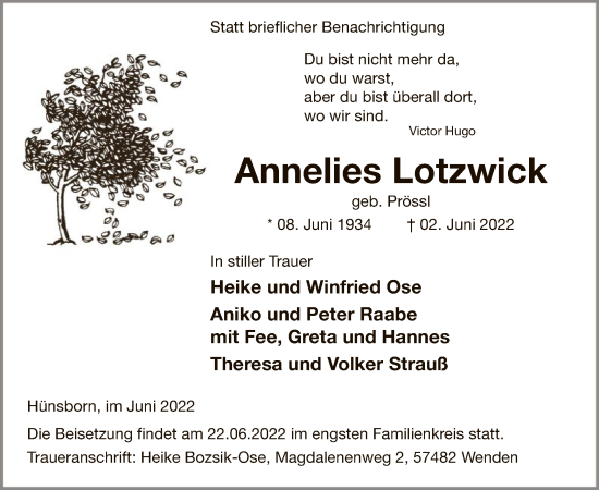 Todesanzeige von Annelies Lotzwick von WA