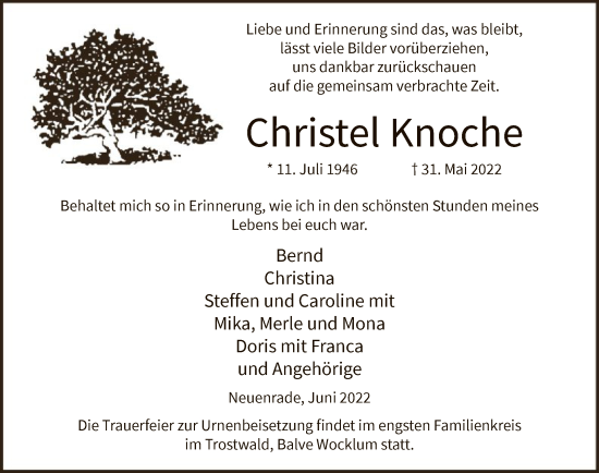 Todesanzeige von Christel Knoche von WA