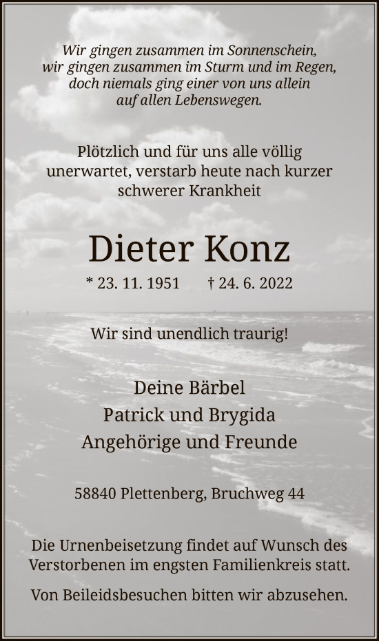 Todesanzeige von Dieter Konz von WA