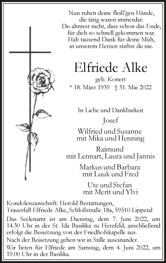 Todesanzeige von Elfriede Alke von WA