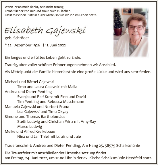 Todesanzeige von Elisabeth Gajewski von WA