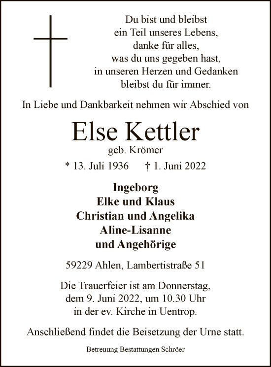 Todesanzeige von Else Kettler von WA