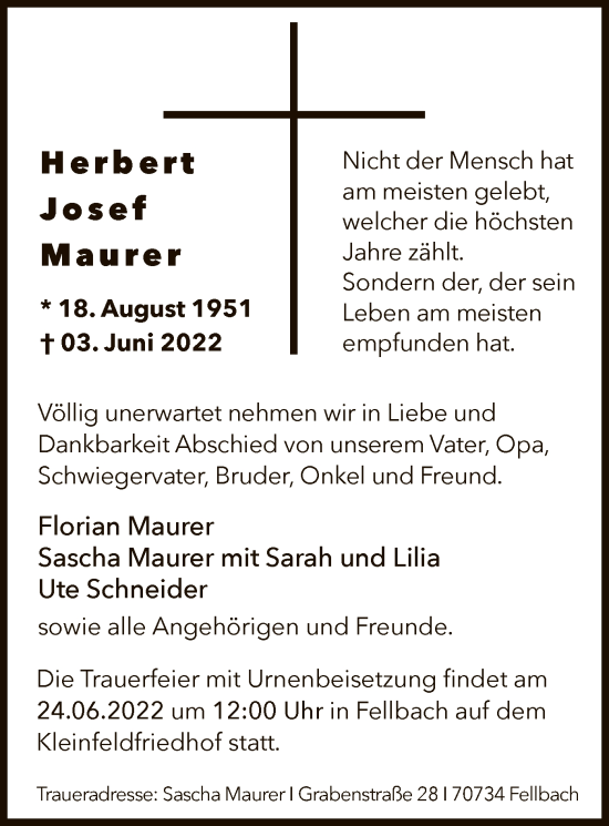 Todesanzeige von Herbert Josef Maurer von WA