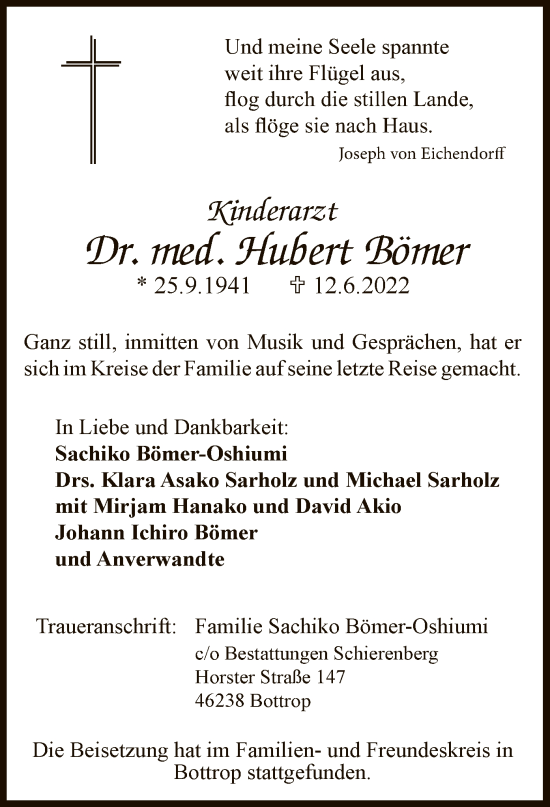 Todesanzeige von Hubert Bömer von WA