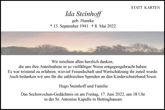Todesanzeige von Ida Steinhoff von WA