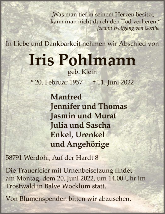 Todesanzeige von Iris Pohlmann von WA