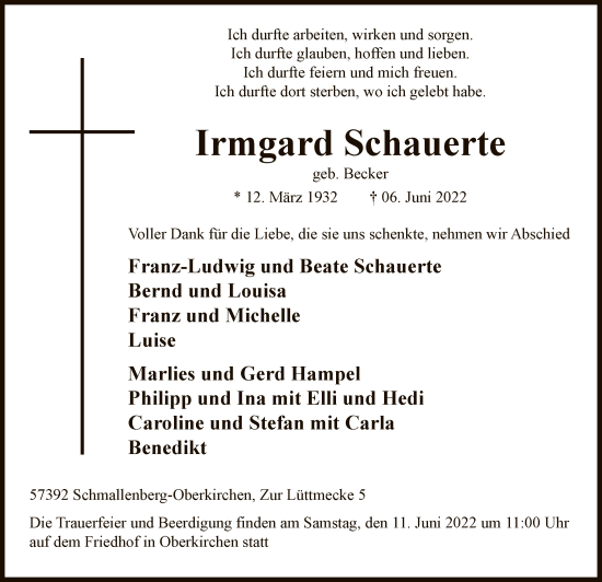 Todesanzeige von Irmgard Schauerte von WA
