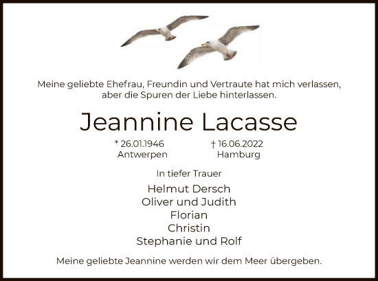 Todesanzeige von Jeannine Lacasse von WA