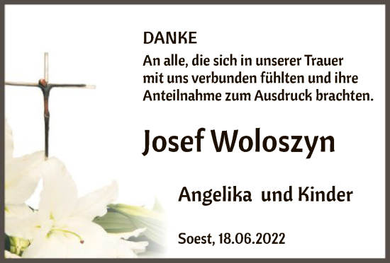 Todesanzeige von Josef Woloszyn von WA