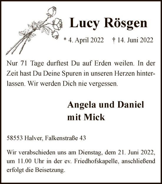 Todesanzeige von Lucy Rösgen von WA