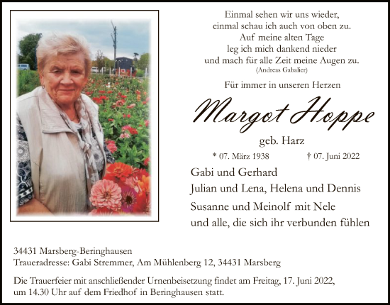 Todesanzeige von Margot Hoppe von WA