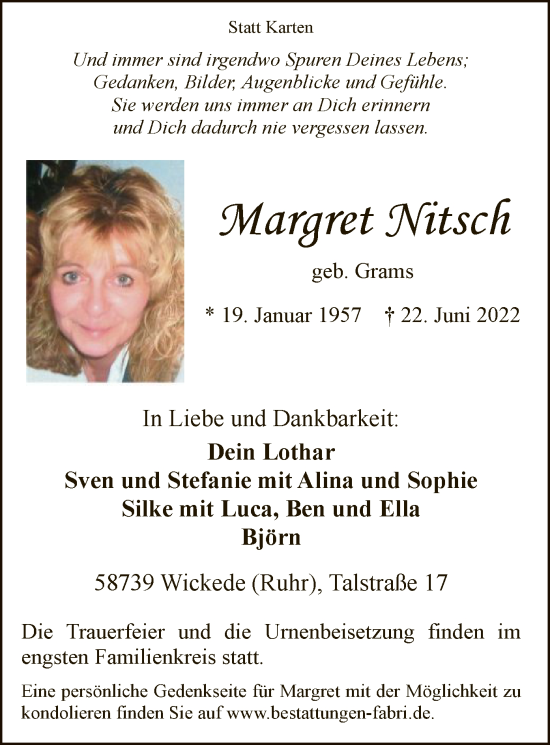 Todesanzeige von Margret Nitsch von WA