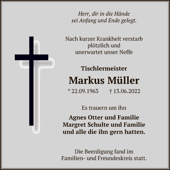 Todesanzeige von Markus Müller von WA