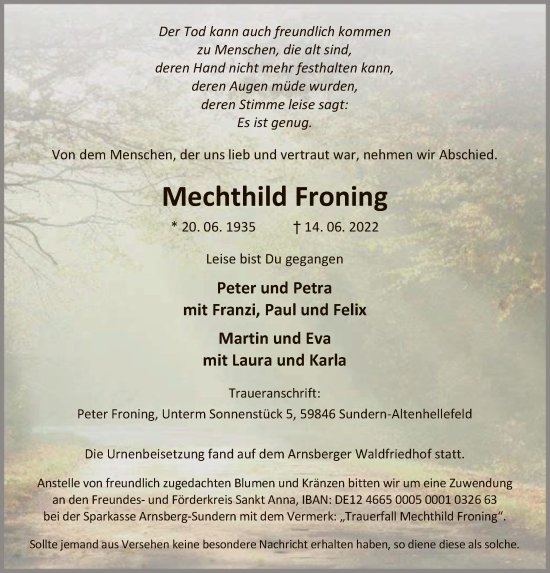 Todesanzeige von Mechthild Froning von WA