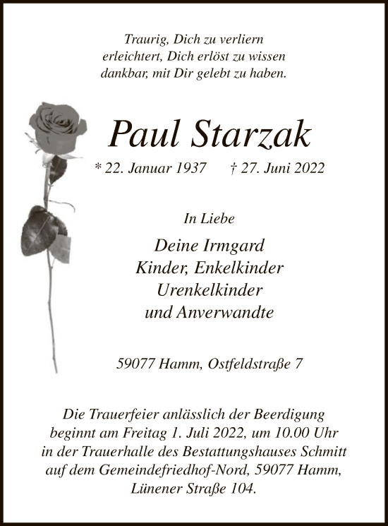 Todesanzeige von Paul Starzak von WA