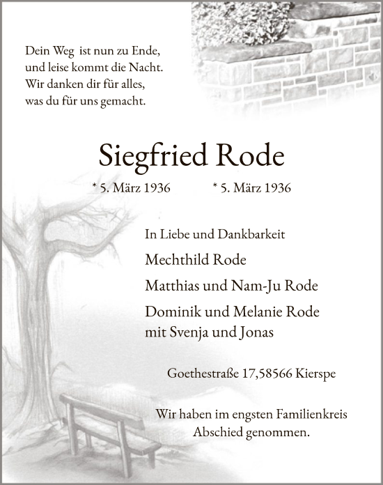 Todesanzeige von Siegfried Rode von WA