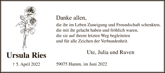Todesanzeige von Ursula Ries von WA