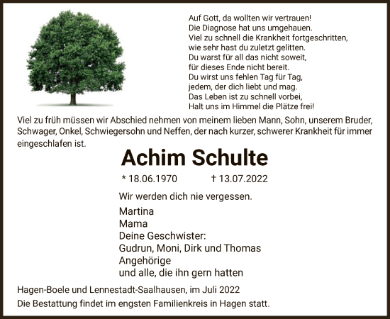 Todesanzeige von Achim Schulte von WA