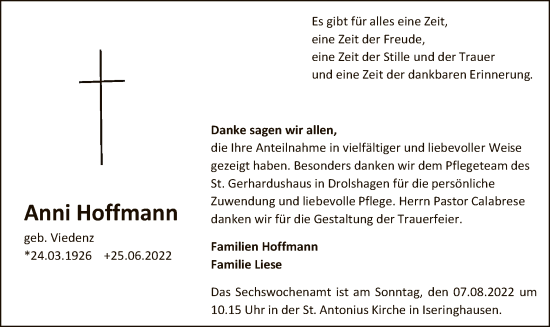Todesanzeige von Anni Hoffmann von WA