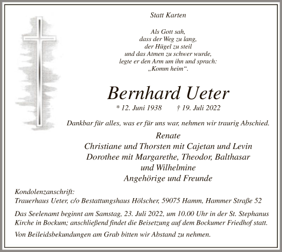 Todesanzeige von Bernhard Ueter von WA