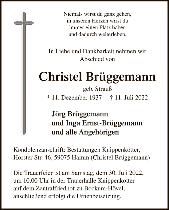 Todesanzeige von Christel Brüggemann von WA