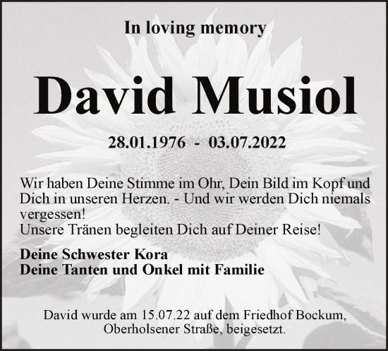 Todesanzeige von David Musiol von WA