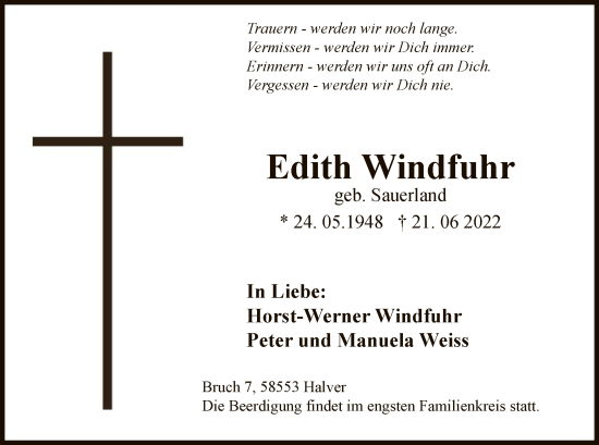 Todesanzeige von Edith Windfuhr von WA