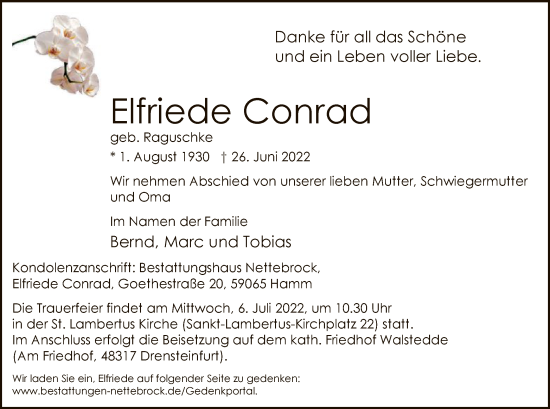 Todesanzeige von Elfriede Conrad von WA