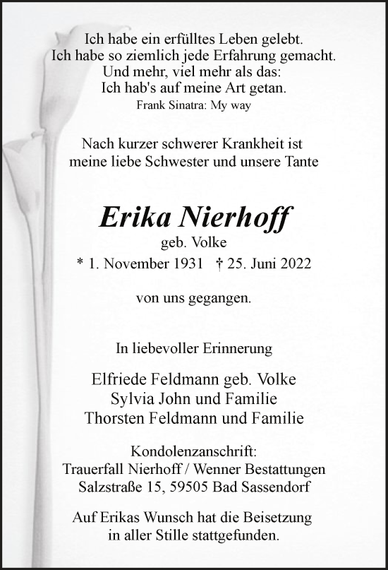 Todesanzeige von Erika Nierhoff von WA
