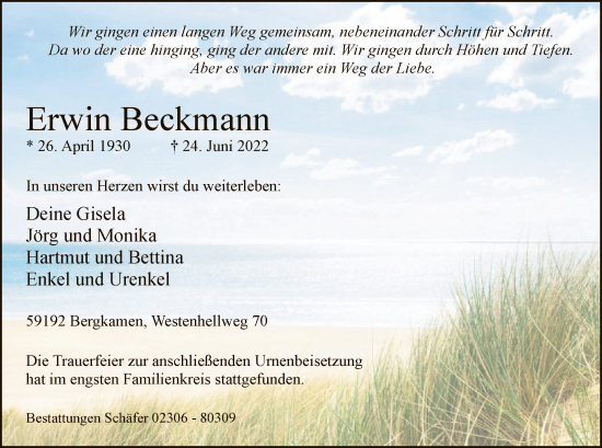 Todesanzeige von Erwin Beckmann von WA