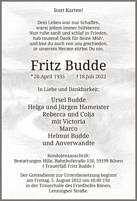 Todesanzeige von Fritz Budde von WA