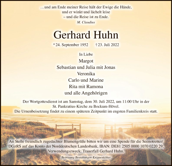 Todesanzeige von Gerhard Huhn von WA