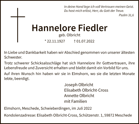 Todesanzeige von Hannelore Fiedler von WA