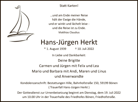 Todesanzeige von Hans-Jürgen Herkt von WA