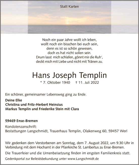 Todesanzeige von Hans Joseph Templin von WA