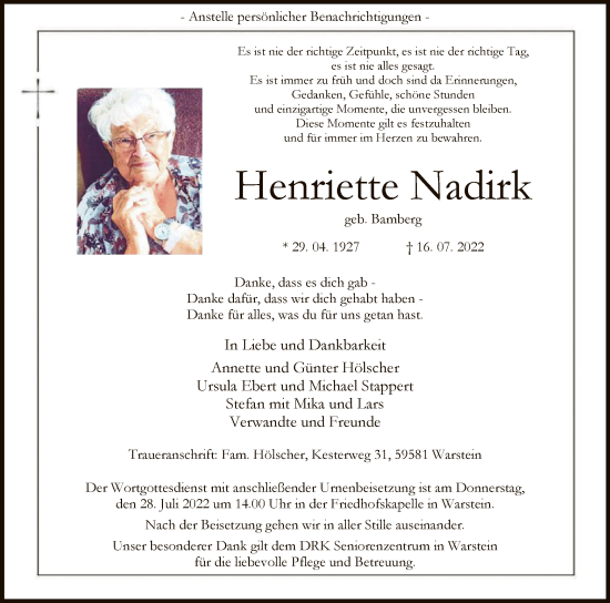 Todesanzeige von Henriette Nadirk von WA