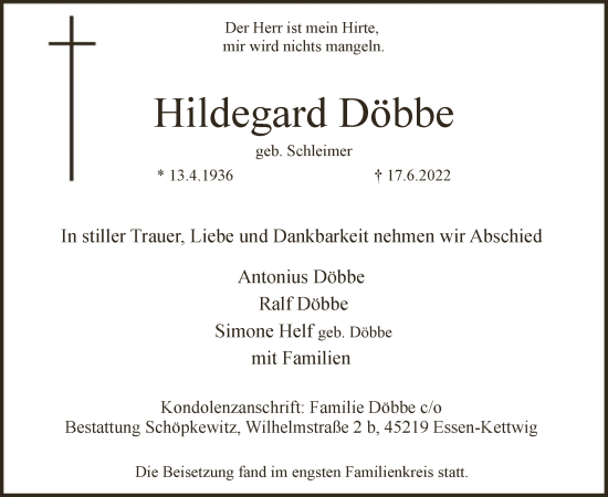Todesanzeige von Hildegard Döbbe von WA