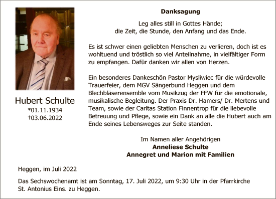 Todesanzeige von Hubert Schulte von WA