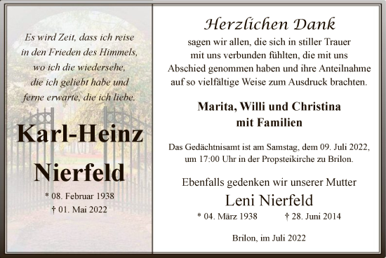 Todesanzeige von Karl-Heinz und Leni Nierfeld von WA