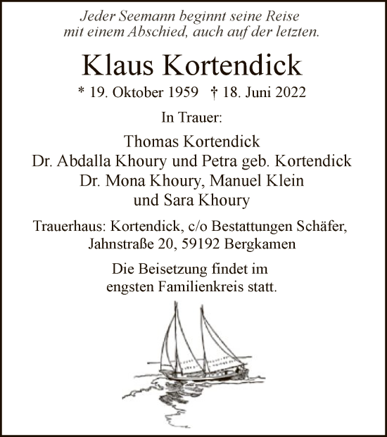 Todesanzeige von Klaus Kortendick von WA
