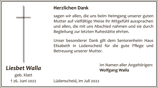 Todesanzeige von Liesbet Walla von WA