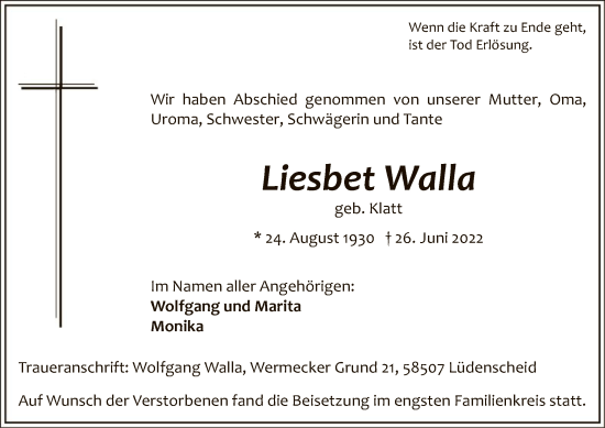 Todesanzeige von Liesbet Walla von WA