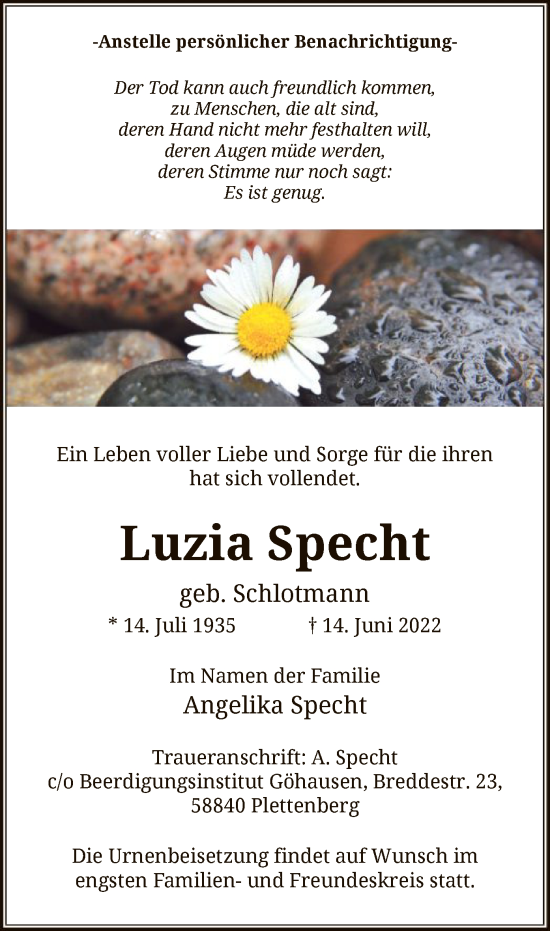 Todesanzeige von Luzia Specht von WA