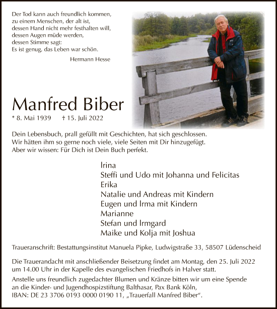 Todesanzeige von Manfred Biber von WA