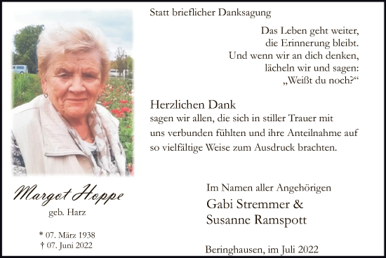 Todesanzeige von Margot Hoppe von WA