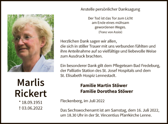 Todesanzeige von Marlis Rickert von WA