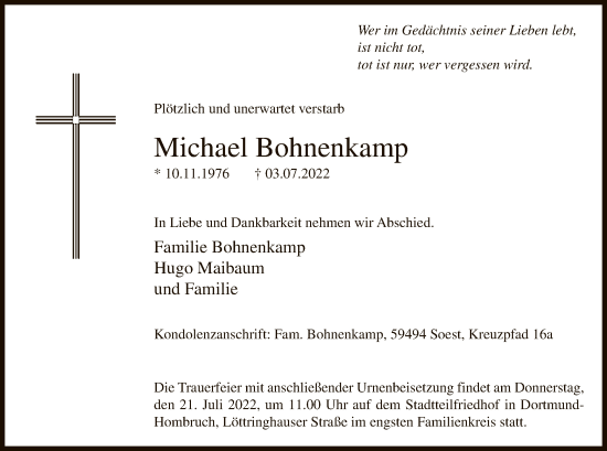 Todesanzeige von Michael Bohnenkamp von WA