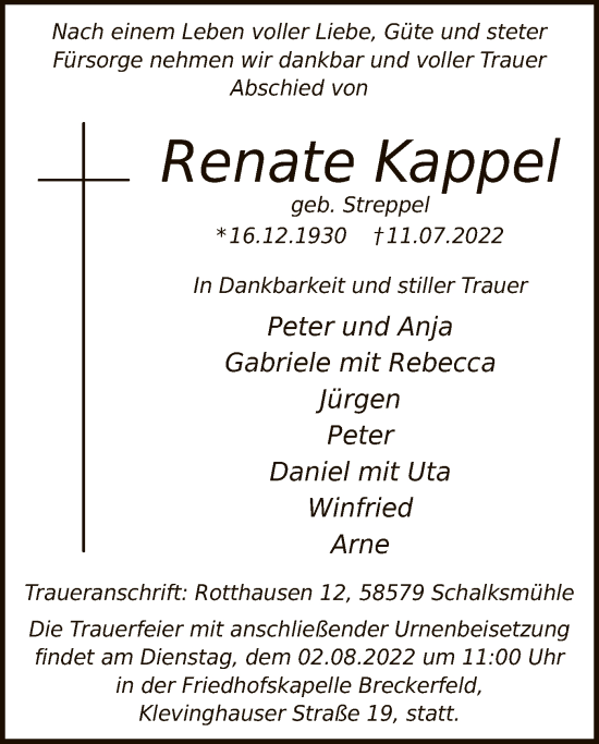 Todesanzeige von Renate Kappe von WA