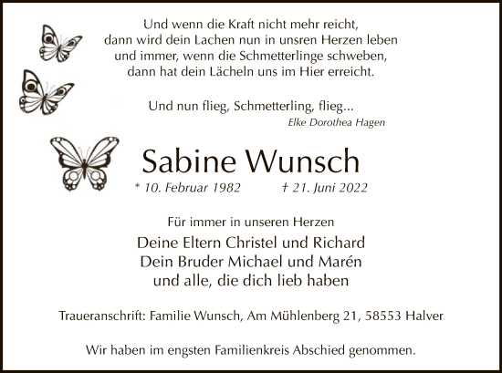 Todesanzeige von Sabine Wunsch von WA