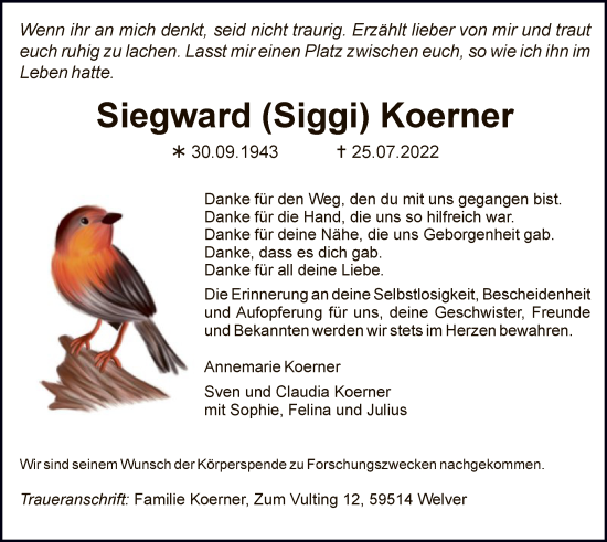 Todesanzeige von Siegward Koerner von WA